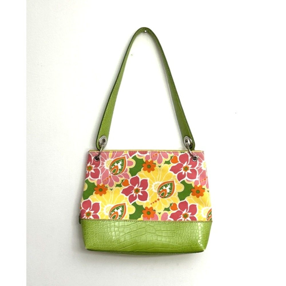 Tommy Hilfiger Floral Purse Handbag Green Crocodile Embossed Trim Canvas Y2K